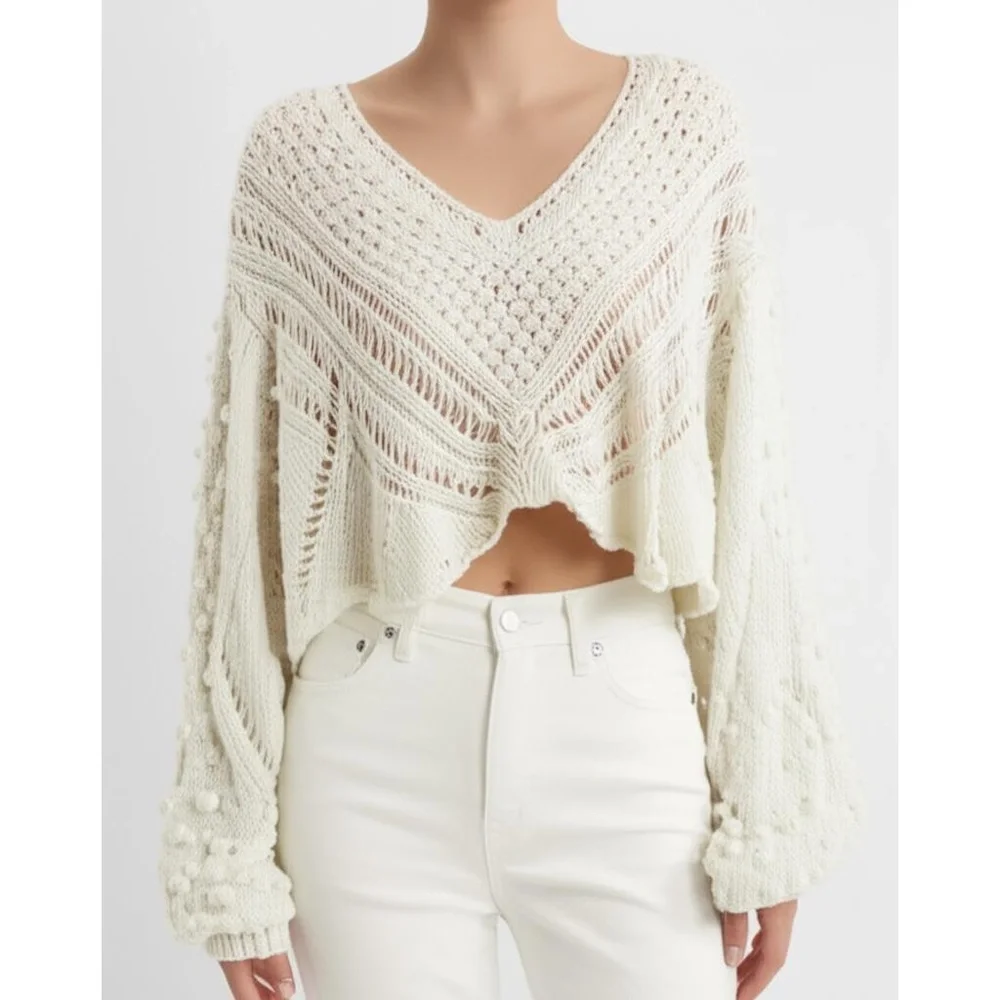 NWT Free People Off White Cropped V Neck Open Knit Pullover Sweater Oversized La - Picture 3 of 6